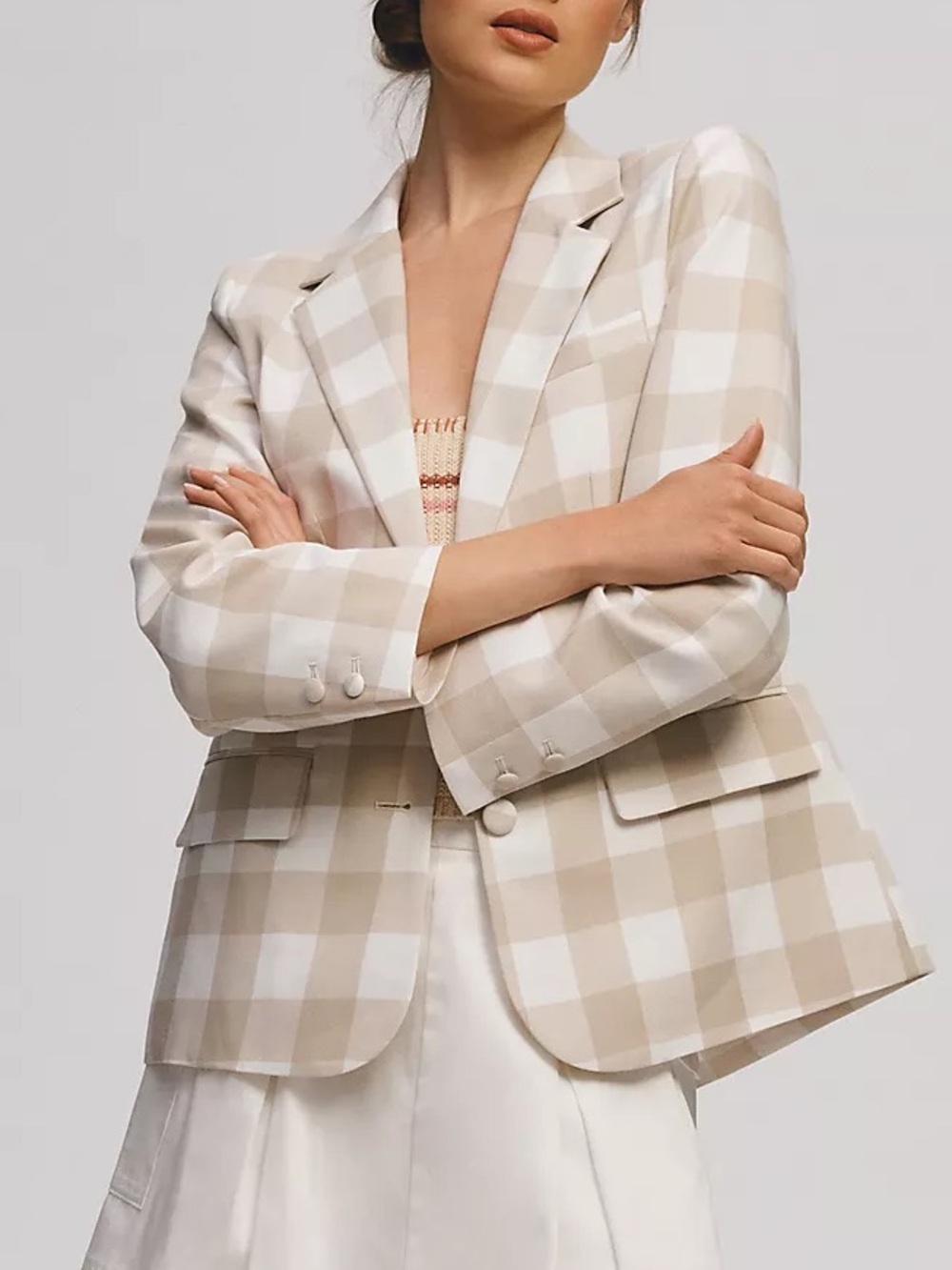 Maeve Gingham Tan and White Blazer